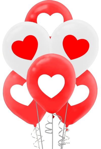 Parti Vakti Kırmızı Beyaz Kalp Baskılı Lateks Balon 10'lu