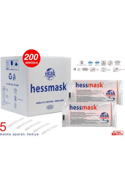 Hessmask 3 Katlı Steril Full Ultrasonik Tek Tek Paketlenmiş Turuncu Telli Cerrahi Maske 200 Adet