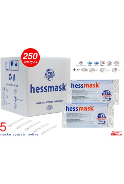 Hessmask 3 Katlı Steril Full Ultrasonik Tek Tek Paketlenmiş Mavi Telli Cerrahi Maske 250 Adet