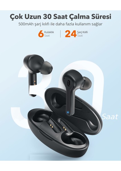 SoundLiberty 53 PRO USB-C Şarj Kılıflı Dört Mikrofonlu IPX8 Ter/Su Dayanıklı Tek/Çift Kullanım Bluetooth Kulaklık 30 Saat Müzik - Siyah