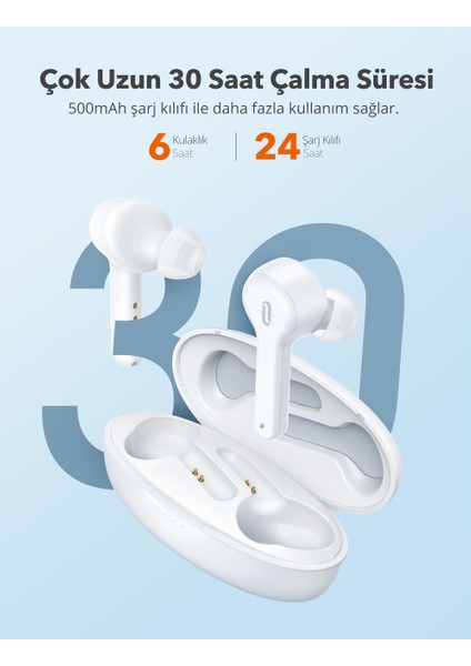 TaoTronics SoundLiberty 53 PRO USB-C Şarj Kılıflı Dört Mikrofonlu IPX8 Ter/Su Dayanıklı Tek/Çift Kullanım Bluetooth Kulaklık 30 Saat Müzik - Beyaz