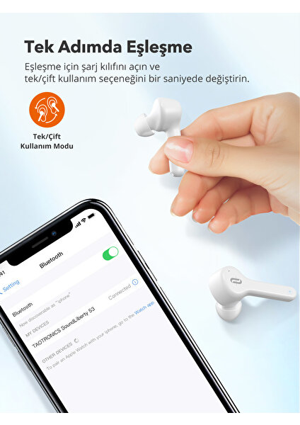 TaoTronics SoundLiberty 53 PRO USB-C Şarj Kılıflı Dört Mikrofonlu IPX8 Ter/Su Dayanıklı Tek/Çift Kullanım Bluetooth Kulaklık 30 Saat Müzik - Beyaz