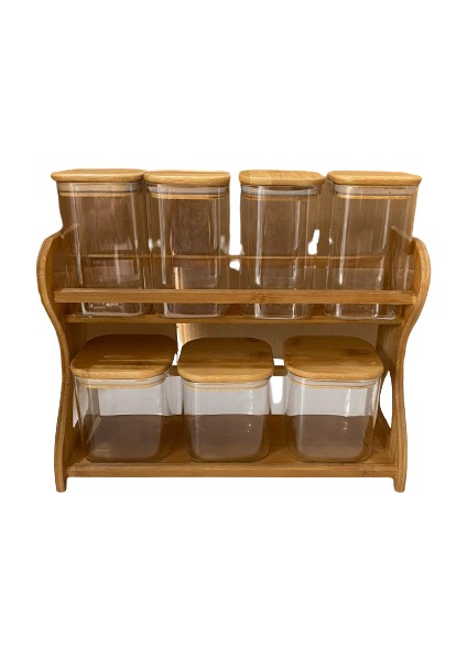 Bambu Kapaklı Bambu Standlı 8 Parça Baharat Set