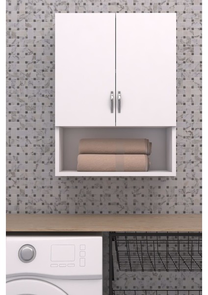Esila Makina Üstü Dolap, Banyo Dolabı, Çamaşır Dolabı, Havlu Dolabı, Kapaklı Dolap - Beyaz