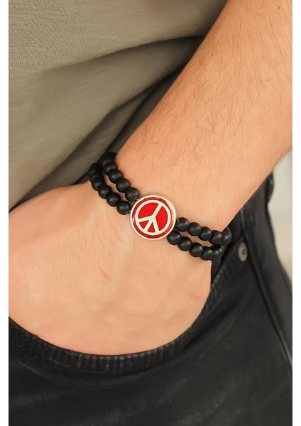 Bordo Renk Renk Metal Barış Simgesi Tasarımlı Siyah Renk Mat Oniks Doğal Taş Erkek Bileklik