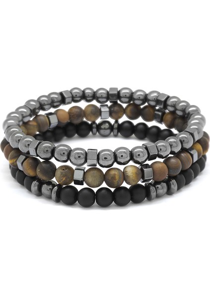 Küre Kesim Siyah Oniks-Kaplangözü-Hematit Kombinli Doğaltaş Bileklik