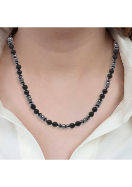 Makrome Örgülü Oniks-Akik-Hematit Kombinli Doğaltaş Kadın Kolye modelleri