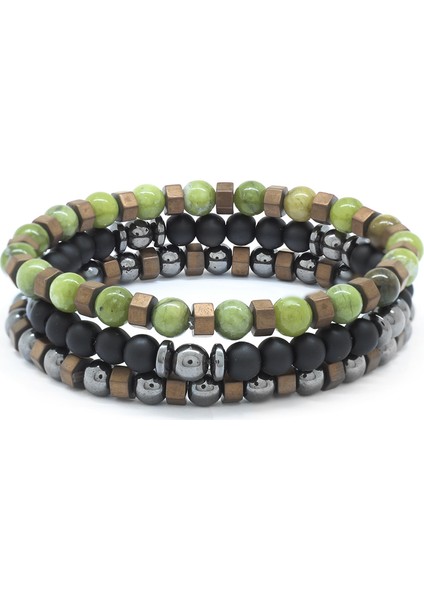 Küre Kesim Yeşil Yeşim-Oniks-Hematit Kombinli Doğaltaş Bileklik