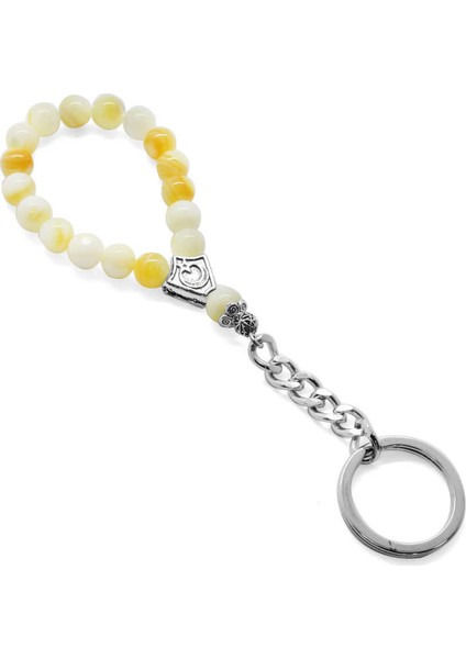 Sarı Sedef Doğaltaş-Krom Çelik Kombinli Tesbih Anahtarlık