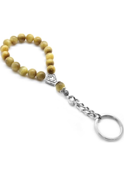 Sarı Kaplangözü Doğaltaş-Krom Çelik Kombinli Tesbih Anahtarlık