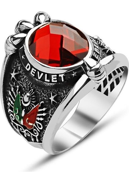 Devlet Ebed Müddet Model Kırmızı Zirkon Taşlı Gümüş Erkek Yüzük