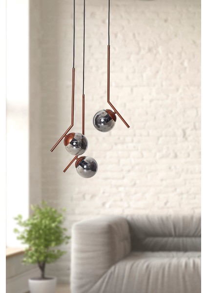 Elit 3 Lü Bakır Siyah Metal Gövde Füme Camlı Tasarım Lüx Avize