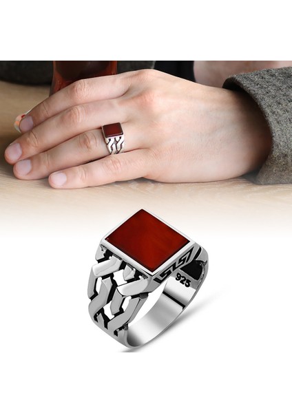 Zincir Tasarım Kırmızı Akik Taşlı 925 Ayar Gümüş Erkek Yüzük