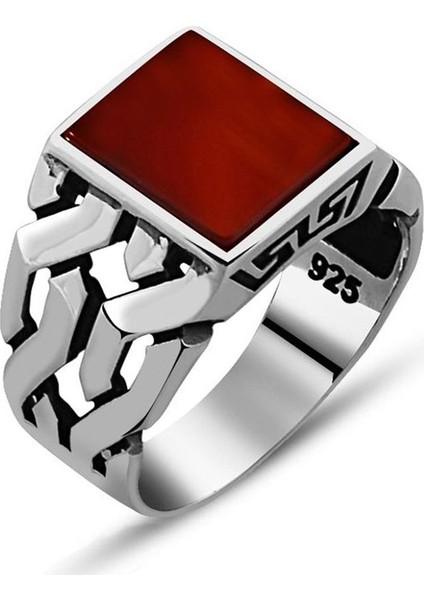Zincir Tasarım Kırmızı Akik Taşlı 925 Ayar Gümüş Erkek Yüzük fiyatları