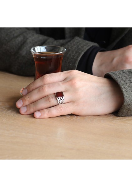 Zincir Tasarım Kırmızı Akik Taşlı 925 Ayar Gümüş Erkek Yüzük modelleri