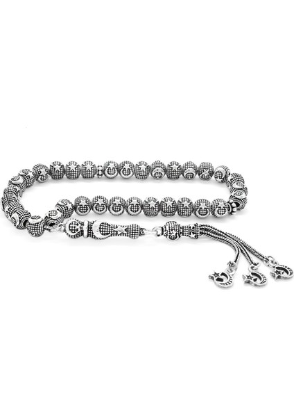 Her Tanesi Ayyıldız İşlemeli Bilek Boy Küre Kesim 925 Ayar Gümüş Tesbih