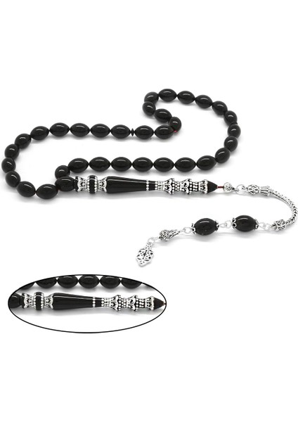 925 Ayar Gümüş Püsküllü Gümüş Minare Nakkaş İmameli Siyah Sıkma Kehribar Tesbih