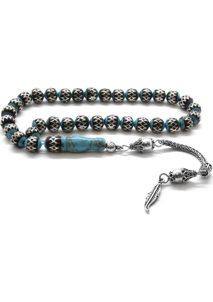 925 Ayar Gümüş Püsküllü Küre Kesim Gümüş-Oltu Sarmal Firuze Doğaltaş Tesbih