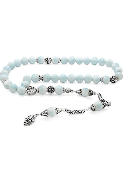 925 Ayar Gümüş Püsküllü Larimar Doğaltaş Tesbih