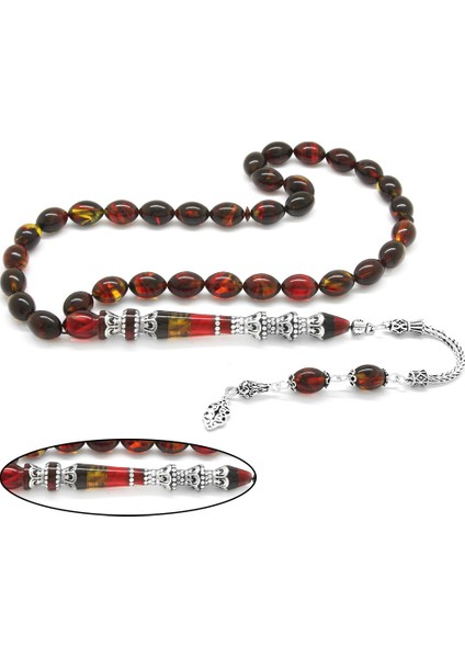 925 Ayar Gümüş Püsküllü Gümüş Minare Nakkaş İmameli Bal Rengi Ateş Kehribar Tesbih