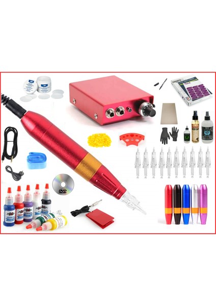 XL-301B Hybrid Kırmızı Kalem Tipi Tattoo Dövme Makinası Seti - Swıss Motor