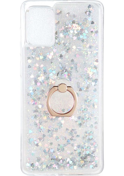 - Samsung Galaxy A71 - Kılıf Yüzüklü Simli Sıvılı Milce Kapak - Gümüş - T14393