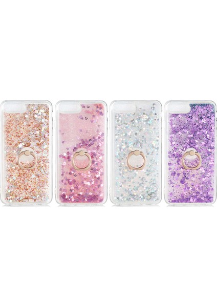 Apple iPhone 7 - 8 Plus Kılıf Sulu Simli Yüzüklü Milce Silikon Kılıf Gold + Tam Kaplayan 5D Cam Ekran Koruyucu