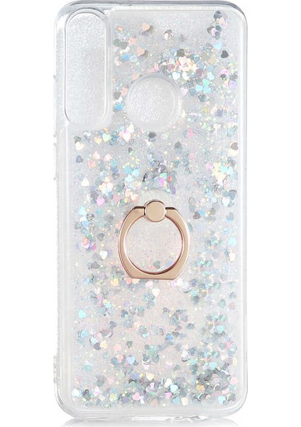 - Huawei Y6P - Kılıf Yüzüklü Simli Sıvılı Milce Kapak - Gümüş - T14310