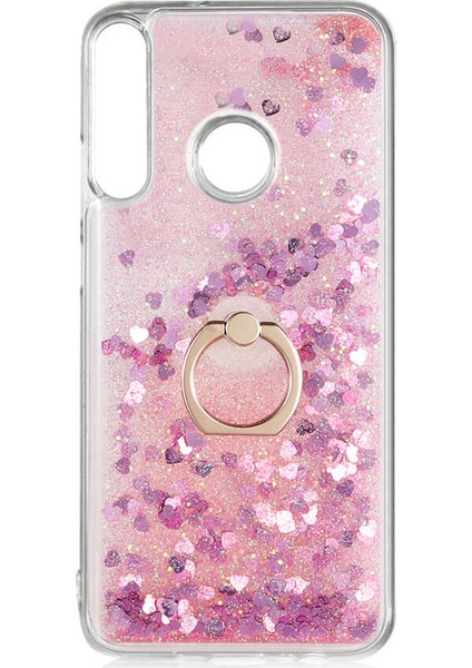 - Huawei P40 Lite E - Kılıf Yüzüklü Simli Sıvılı Milce Kapak - Pembe - T14309