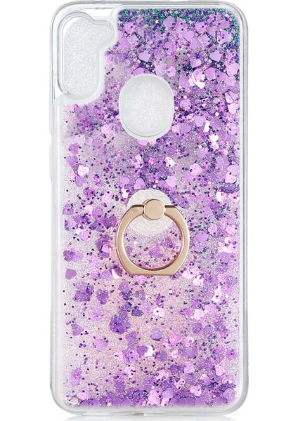- Samsung Galaxy M11 - Kılıf Yüzüklü Simli Sıvılı Milce Kapak - Mor - T14396