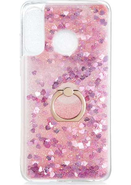 - Huawei P30 Lite - Kılıf Yüzüklü Simli Sıvılı Milce Kapak - Pembe - T14402