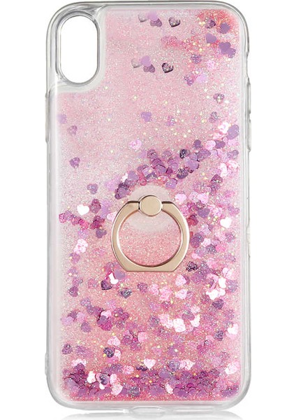 - Apple iPhone XS Max 6.5 - Kılıf Yüzüklü Simli Sıvılı Milce Kapak - Pembe