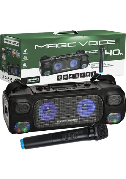 Magıcvoıce MV-7001 Vhf El Mik USB/SD/BT40 Watt Işıklı Taşınabilir Şarjlı Seyyar Anfi