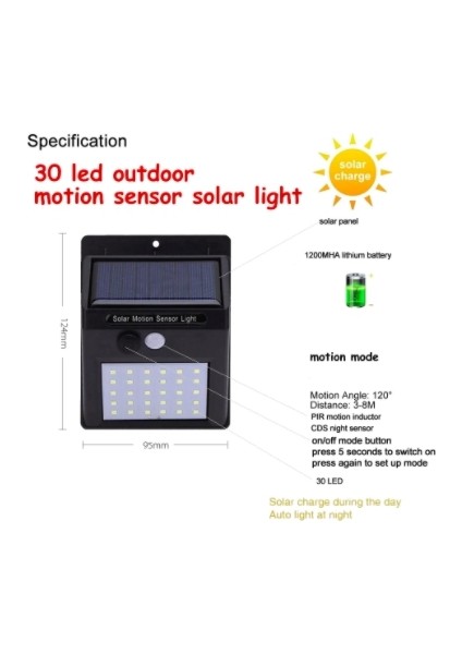 Solar LED Bahçe Duvar Lambası Sensörlü 30 LED fiyatları