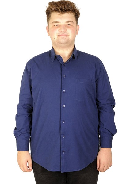 Büyük Beden Erkek Klasik Cepli Gömlek Likralı 20350 Lacivert 4XL