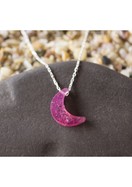 Ay Pembe Buzlu Zirkon Taşlı 925 Ayar Gümüş Kolye