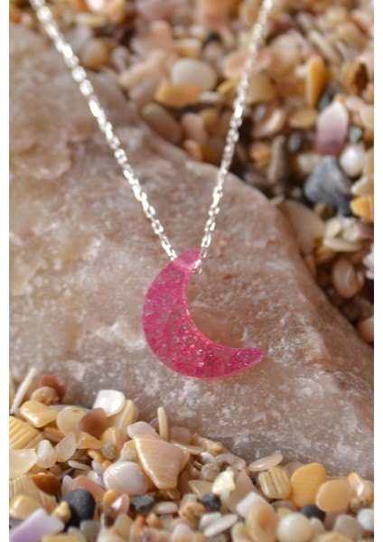 Ay Pembe Buzlu Zirkon Taşlı 925 Ayar Gümüş Kolye modelleri