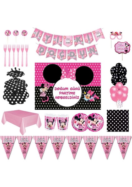 Minnie Mouse 16 Kişilik Lüks Puantiyeli Doğum Günü Parti Süsleri 50X70 Afişli Set