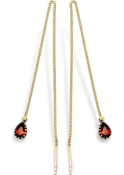 Kırmızı Damla Taşlı 14 Ayar Altın Küpe