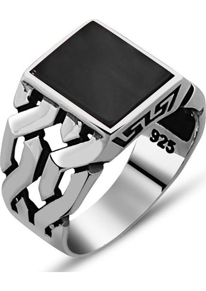 Zincir Tasarım Siyah Oniks Taşlı 925 Ayar Gümüş Erkek Yüzük fiyatları
