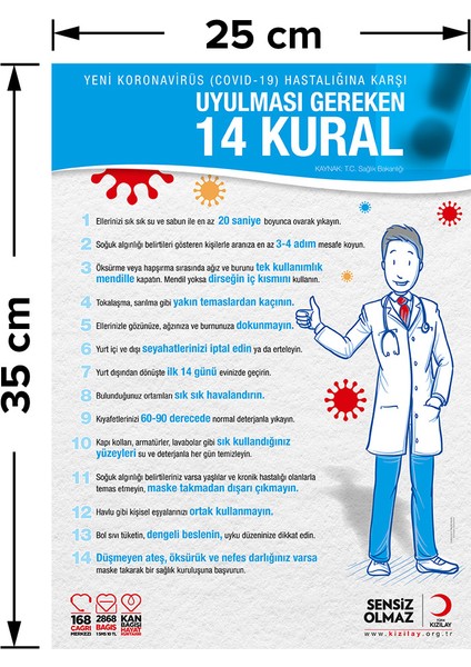 Koranavirüs Riskine Karşı 14 Kural Mavi Zemin Yazısı Kızılay Dekote Malzeme 25 x 35 cm SYL37