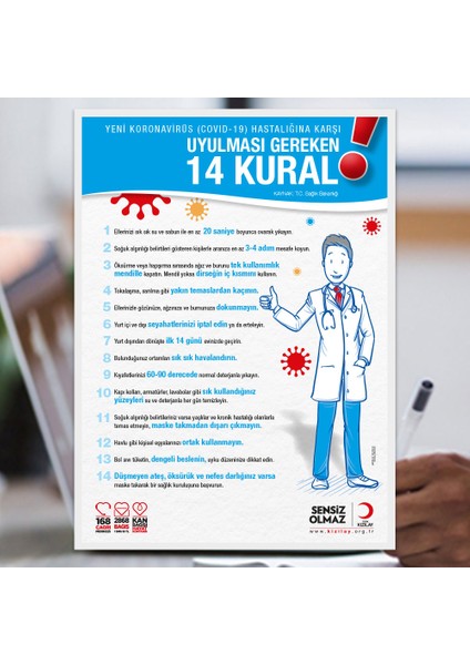 Koranavirüs Riskine Karşı 14 Kural Mavi Zemin Yazısı Kızılay Dekote Malzeme 25 x 35 cm SYL37