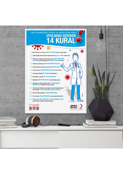 Koranavirüs Riskine Karşı 14 Kural Mavi Zemin Yazısı Kızılay Dekote Malzeme 25 x 35 cm SYL37