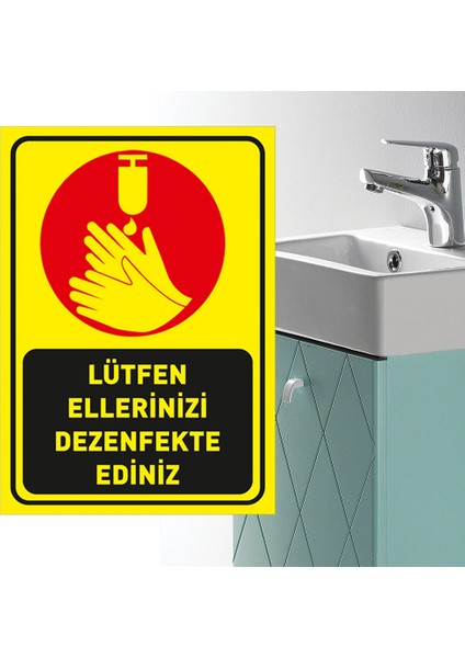 Lütfen Ellerinizi Dezenfekte Ediniz Simgeli Sarı Renk Sac Malzeme 25 x 35 cm SYL42