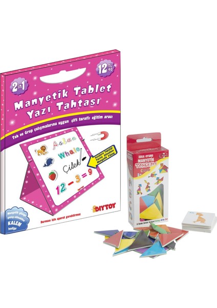 Diy-Toy Manyetik Tablet Yazı Tahtası Pembe + Manyetik Tangram