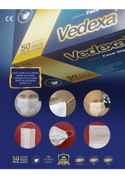 3 Katlı Meltblownlu Kulak Halkalı Dikişsiz Maske 50 Adet modelleri