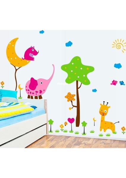 Kt Decoration Ağaç Sevimli Hayvanlar Ay Çocuk ve Bebek Odası Pvc Duvar Sticker