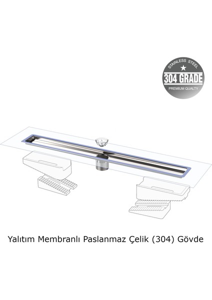 - 60 cm Duş Kanalı - Prodiline - 304 Kalite Paslanmaz - Kokusuz Yan çık.