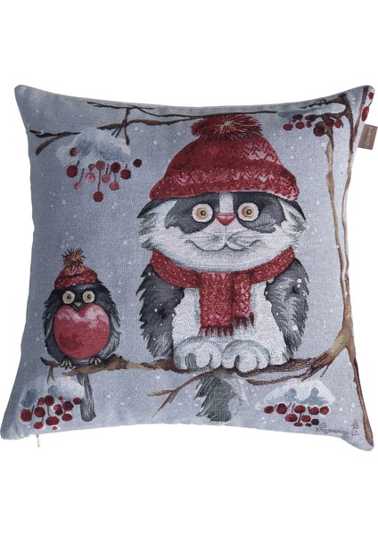 Belıeve Kedi ve Şakrak Kuşu Goblen Kırlent 45 x 45 cm