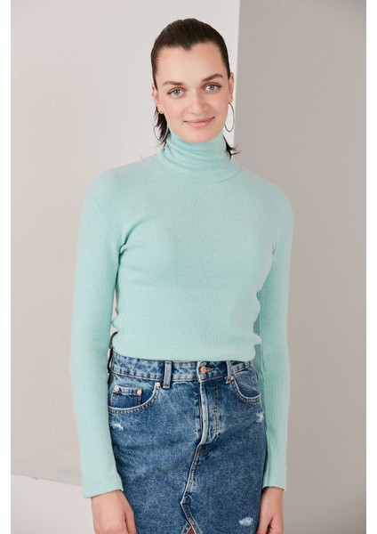 Su Yeşili Boğazlı Triko Kazak Kazak Boğazlı